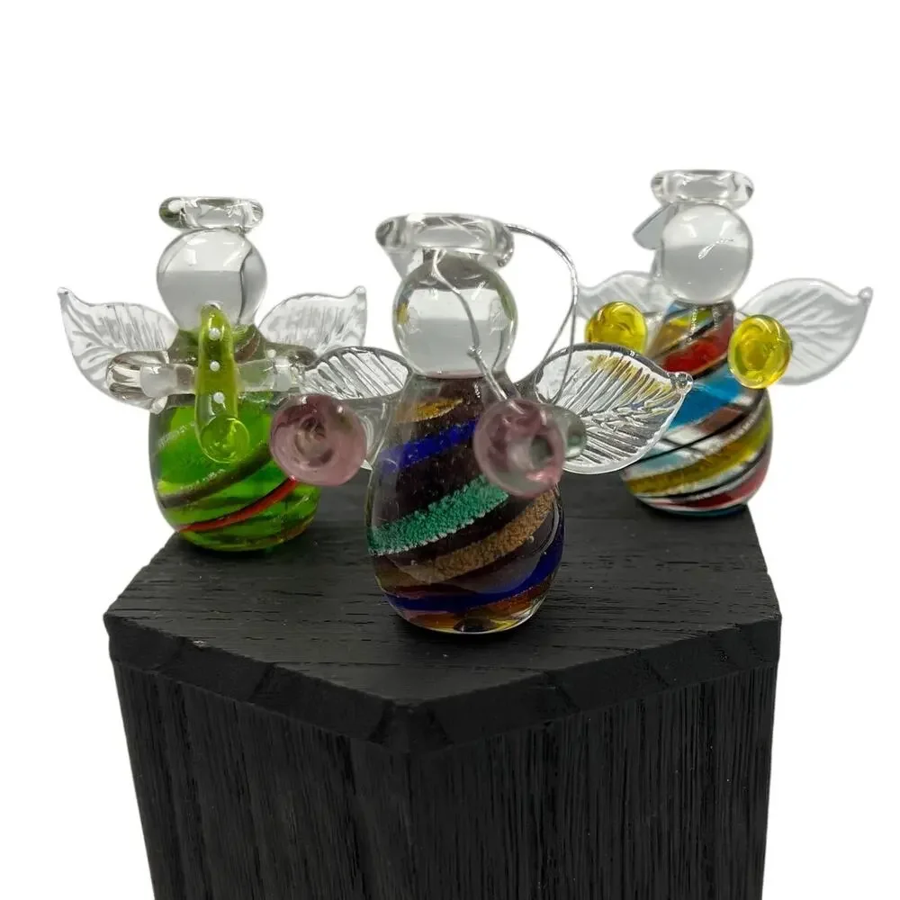 Vintage Hand Blown Mini Instrumental Angel Colorful Figurines Ornaments 3 Piece